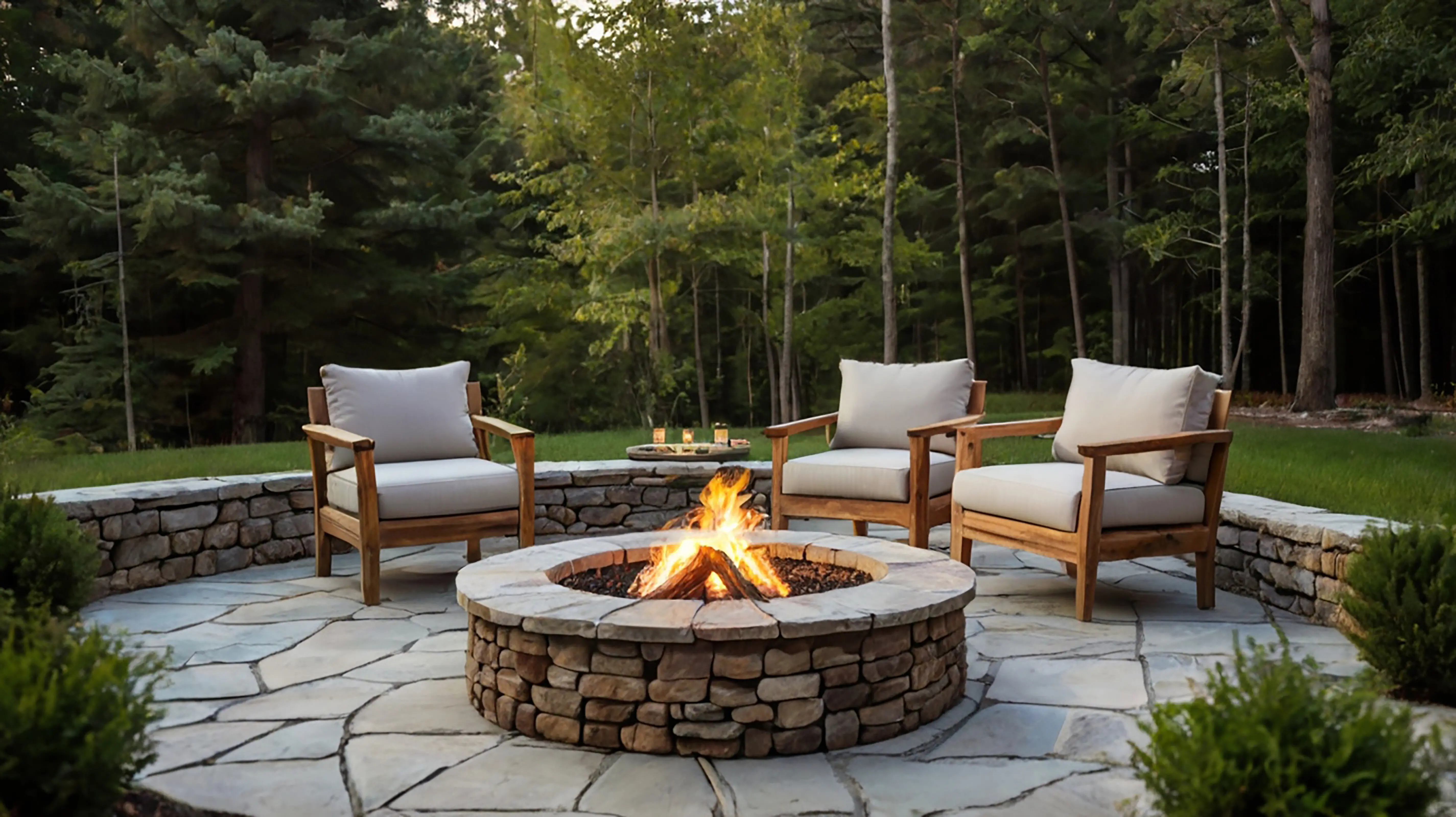 A fire pit with chairs, and a fireplace in the background.