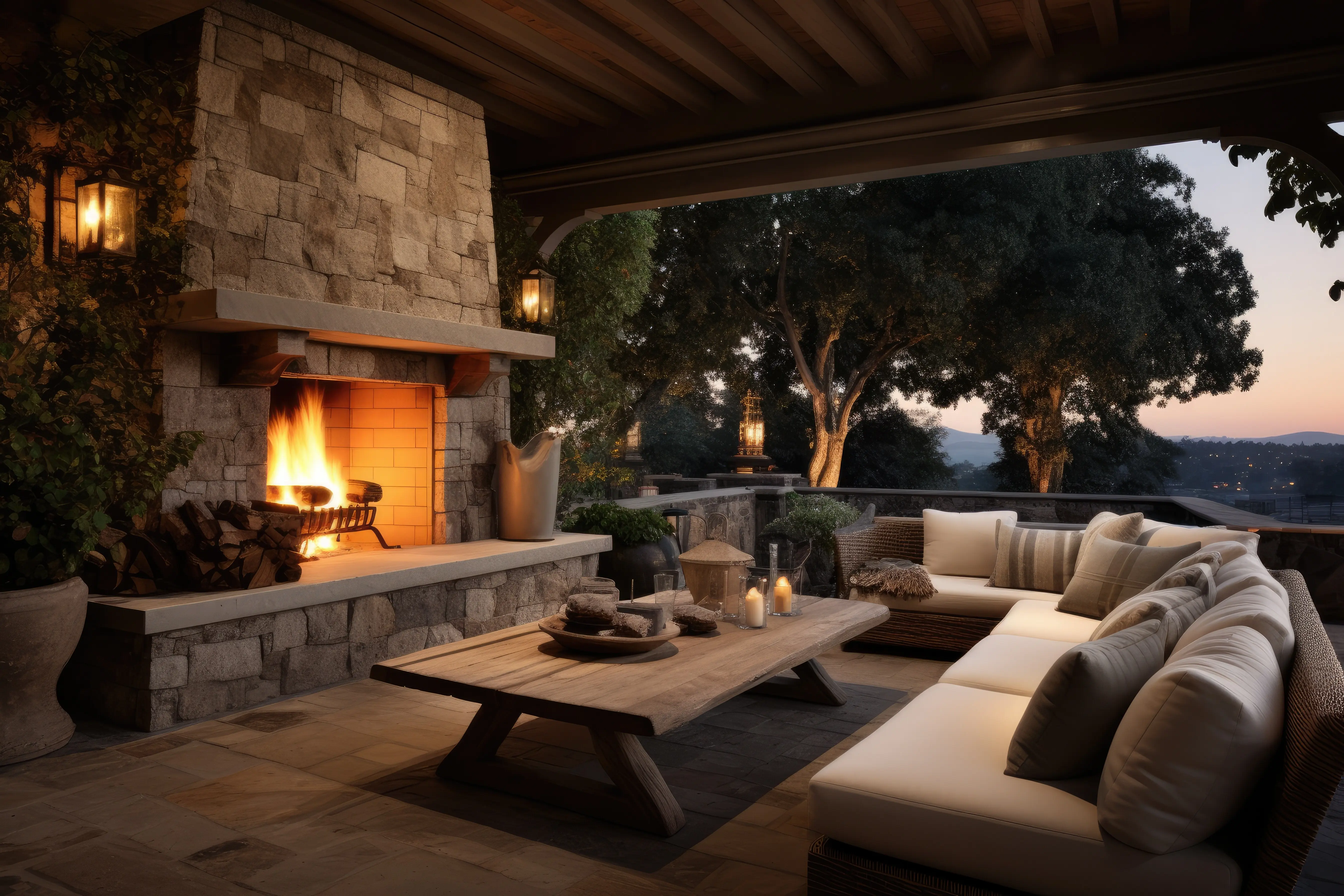 An outdoor living room with a stone fireplace, a TV, a rug, and a sofa.