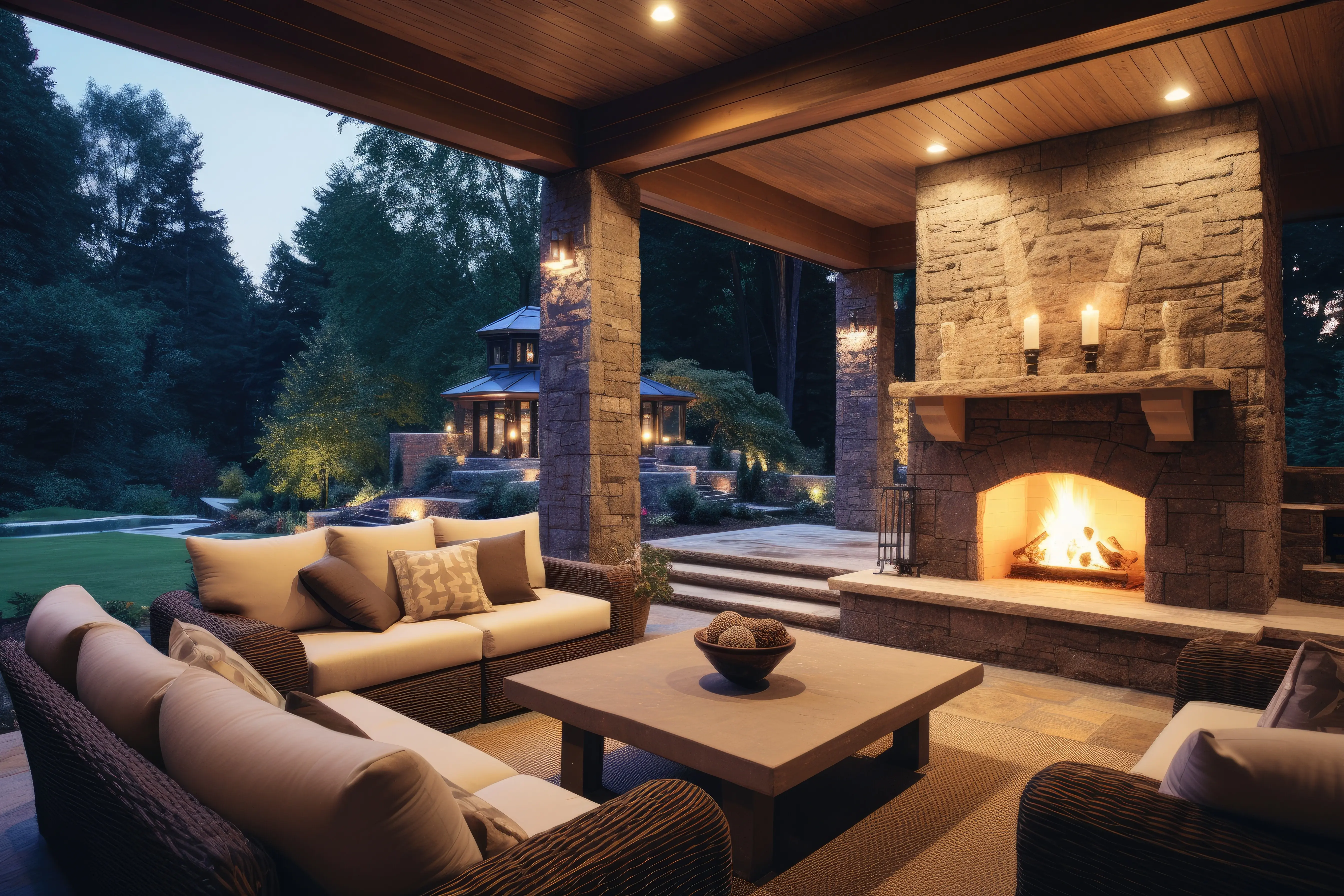 Upscale outdoor living space with a stone fireplace and a cozy beige sofa.