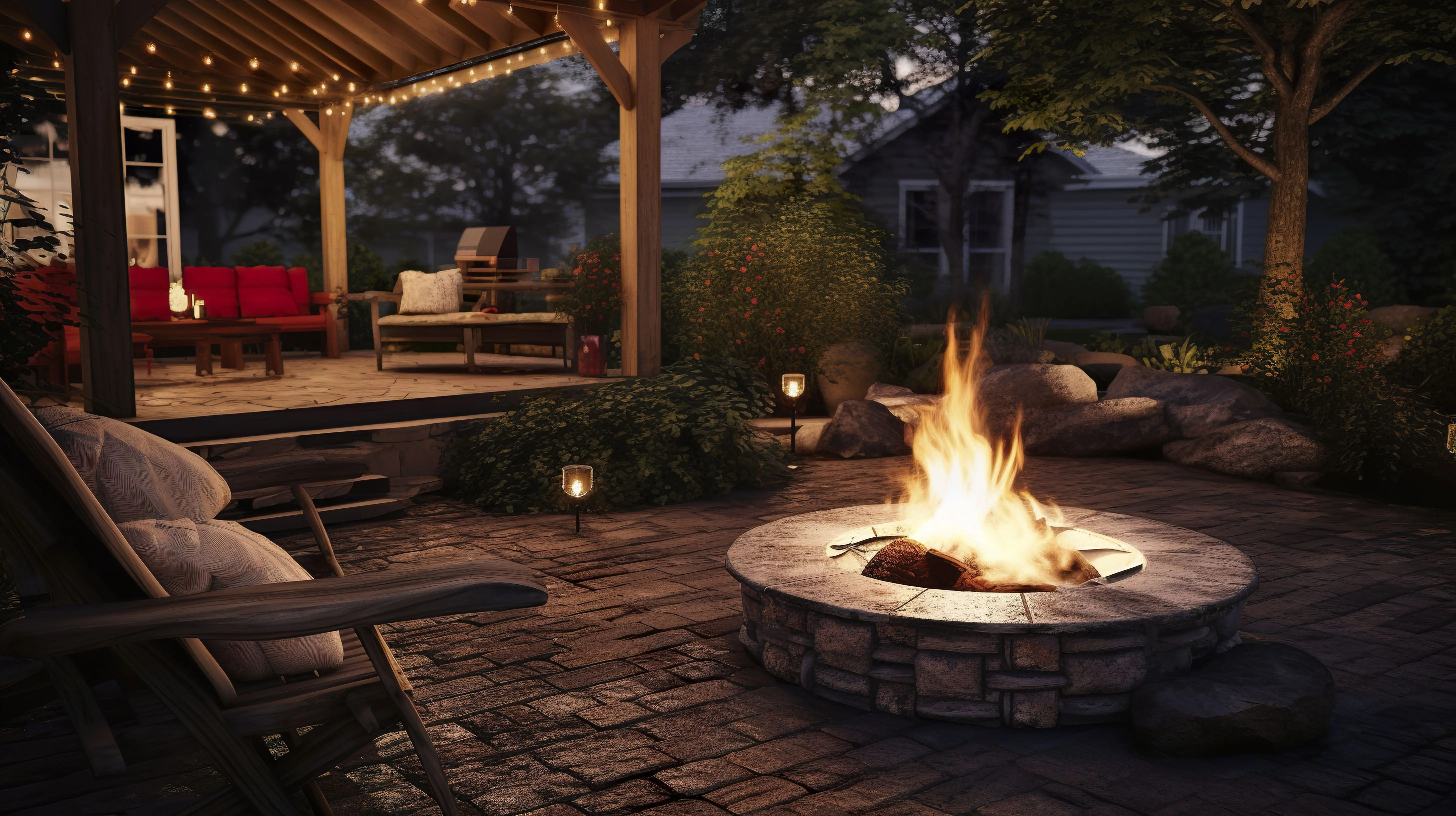 A photograph of a cozy fire pit in a backyard
