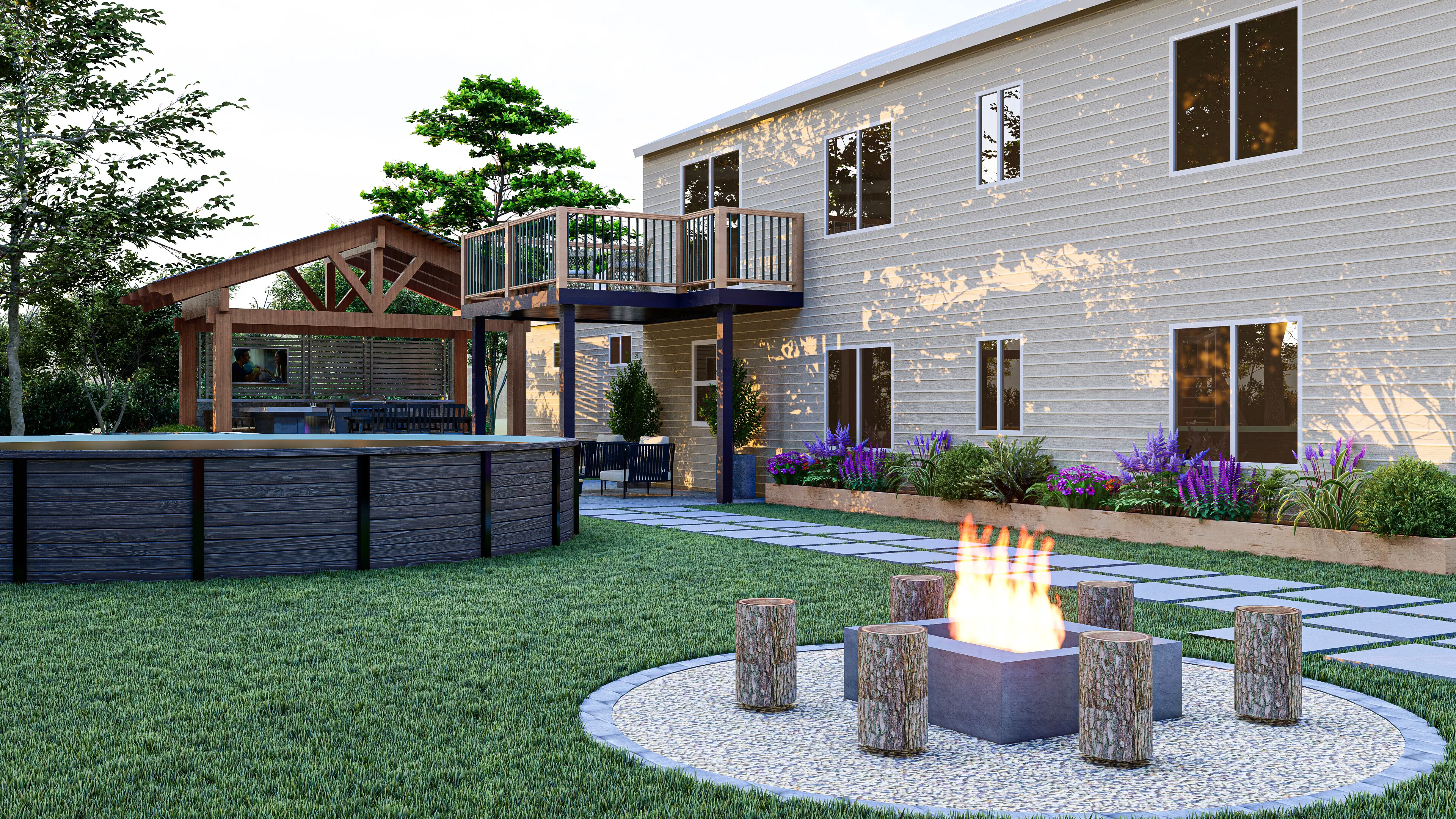 A 3D render of an attractive backyard with a round pool, an outdoor kitchen, a play area for kids, and a fire pit.