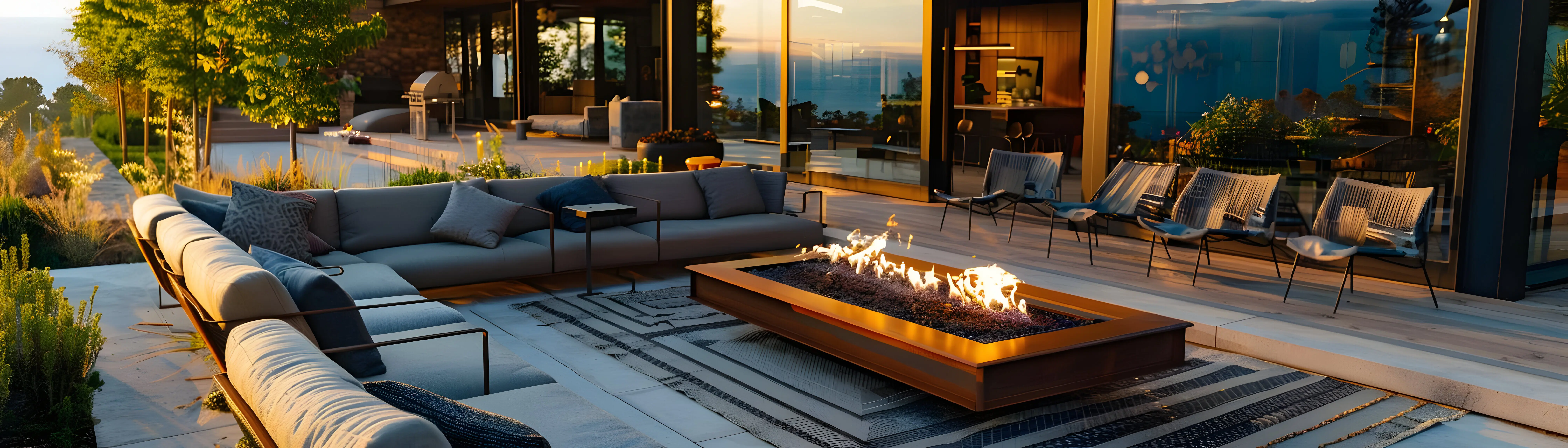 Photo of a modern outdoor living space featuring a fire pit and a sectional sofa.