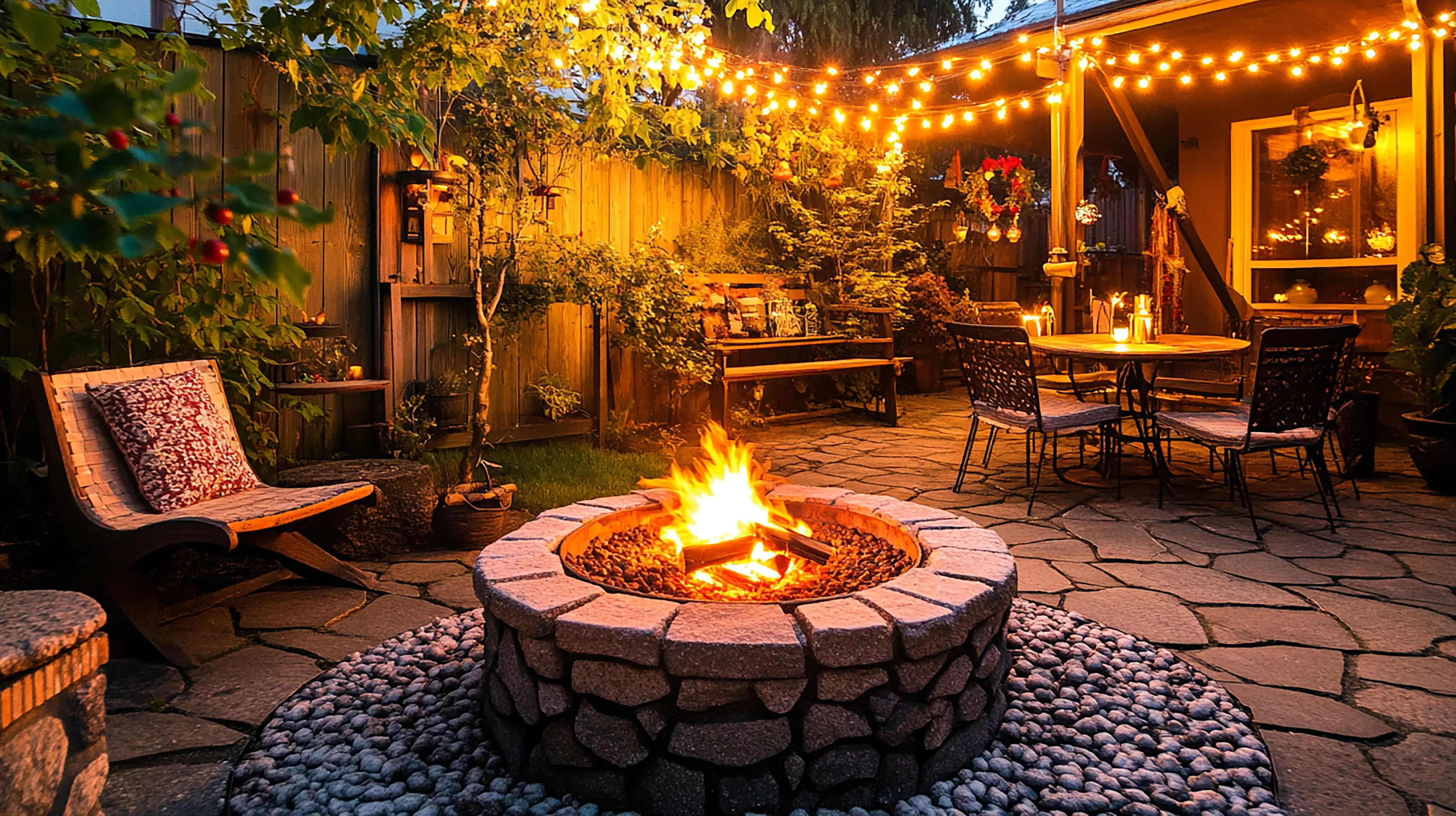 An enchanting Christmas gathering in a snowy backyard with lights.