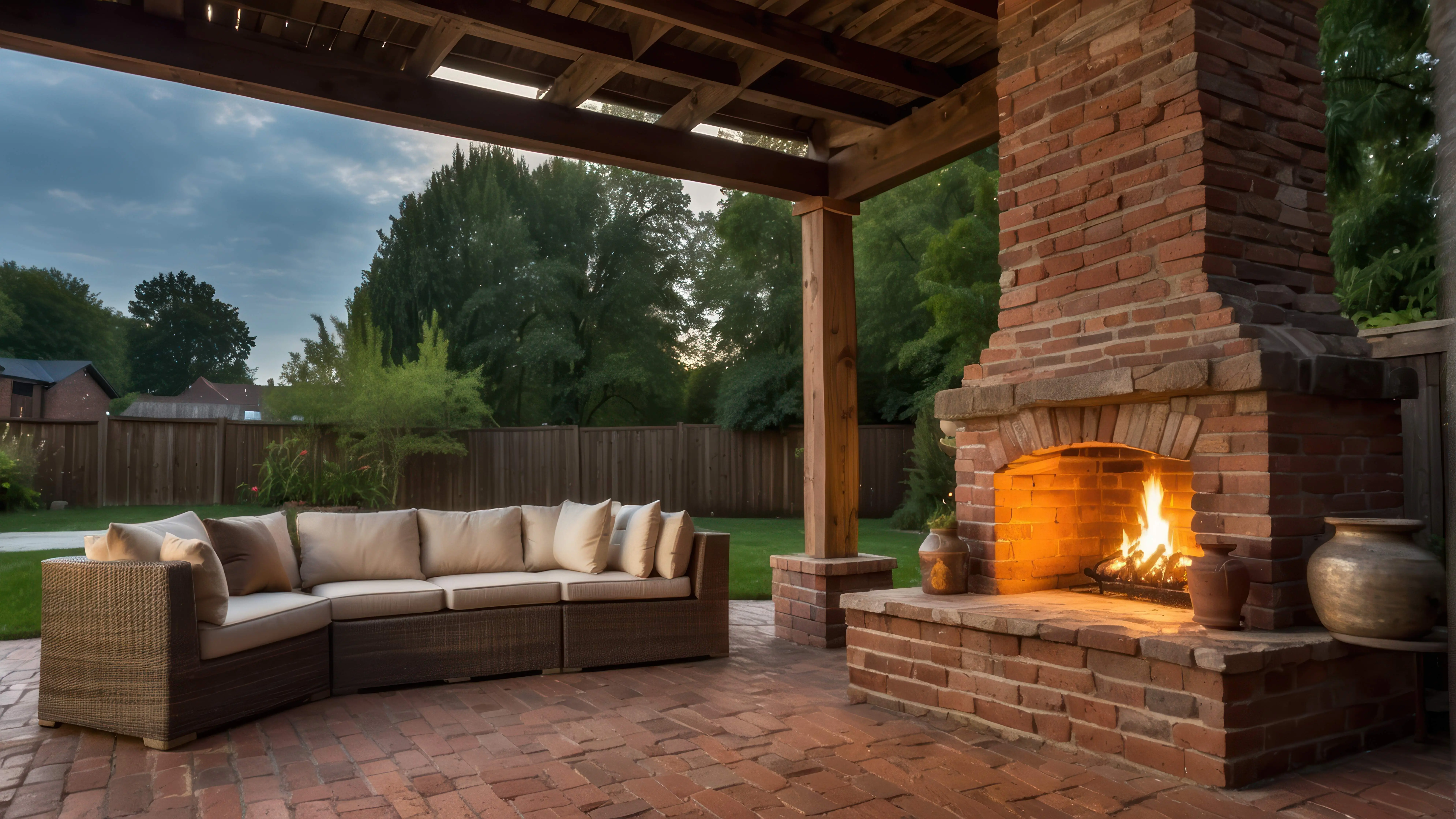 Refined outdoor brick fireplace on a patio