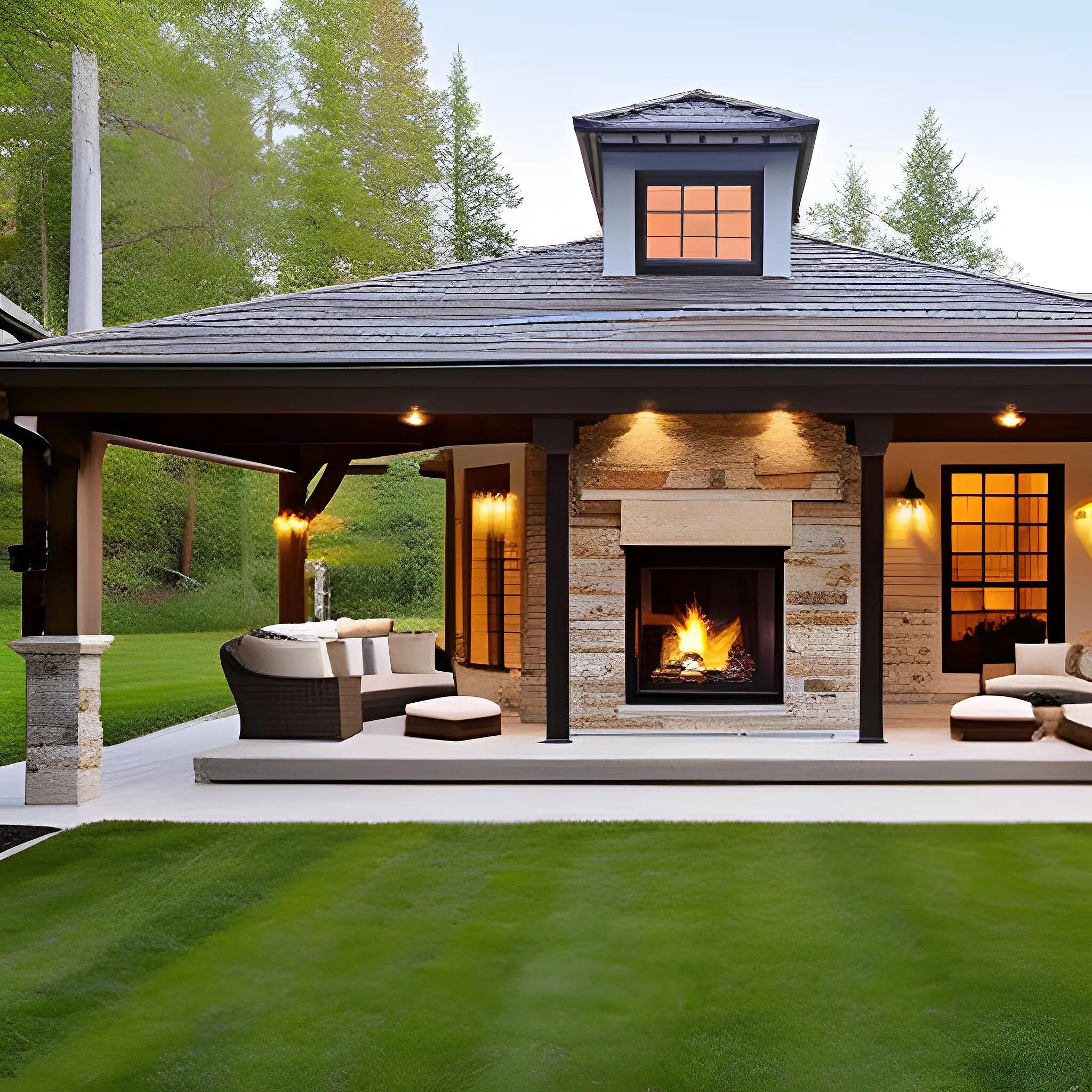 A house with a fireplace and a large porch that also features a fireplace.