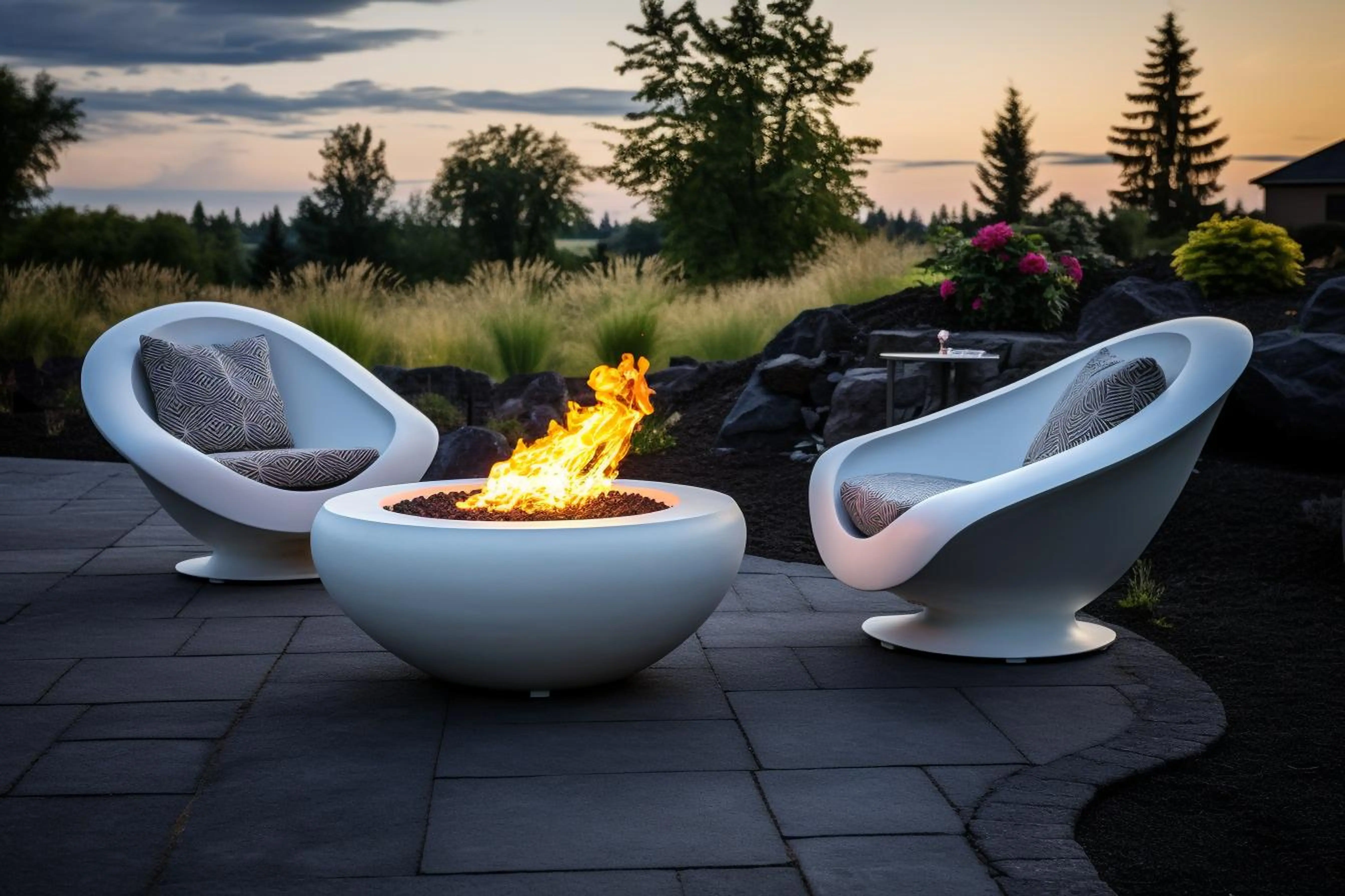 Contemporary outdoor lounge featuring a fire pit and stylish se
